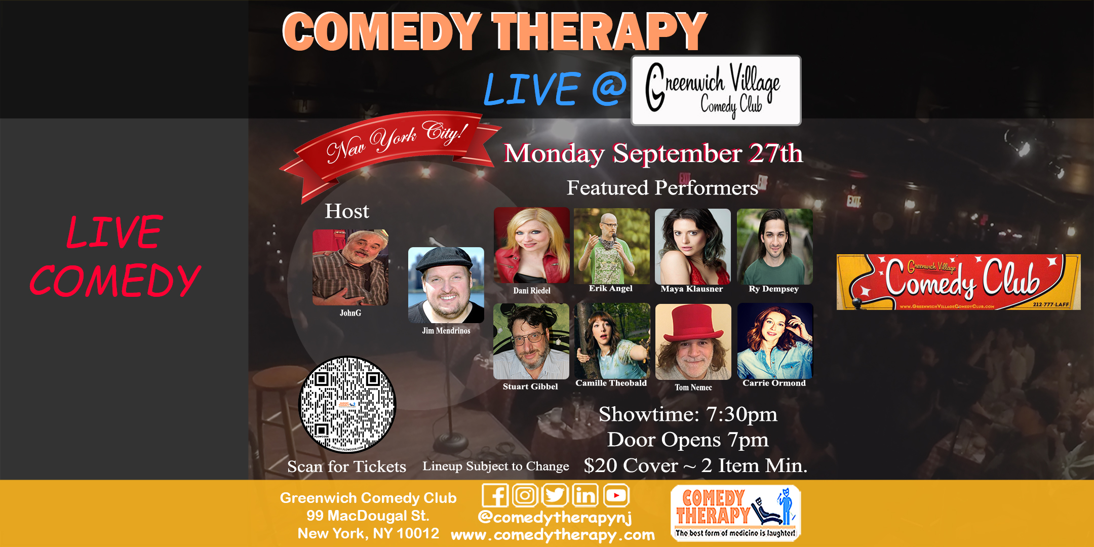 Comedy Therapy Live at Greenwich Village Comedy Club Sept 27